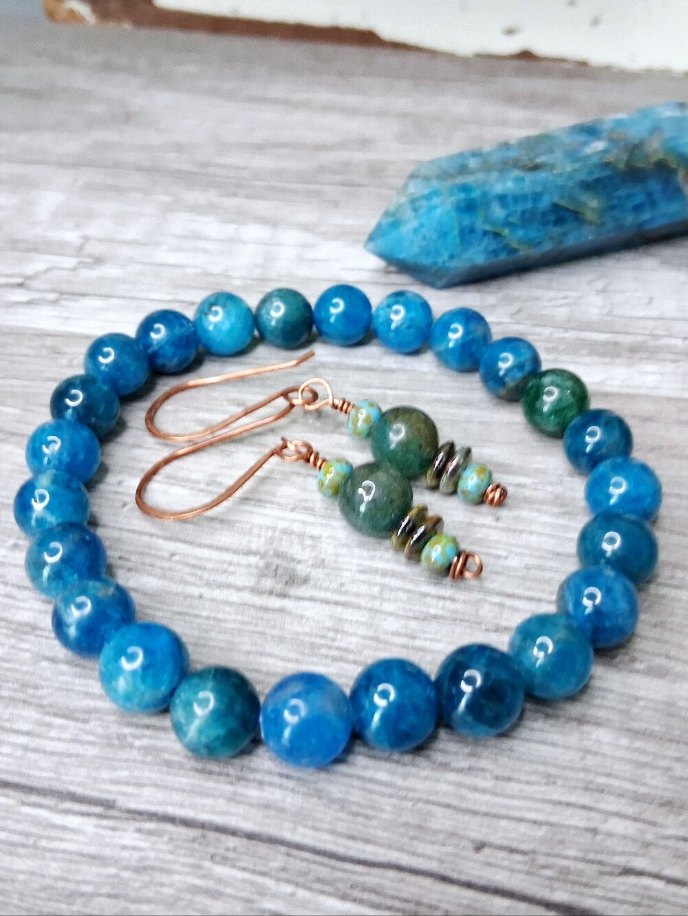 Blue Apatite 3 Piece Set, Crystal Tower, Earrings, Bracelet